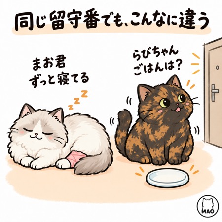 留守番中、ずっと寝ている猫と、ごはんを待ってそわそわする猫