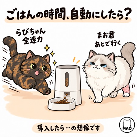 自動給餌器に全速力で向かう猫と、あとからゆっくり来る猫