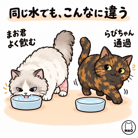 水をよく飲む猫と、水入れを通り過ぎる猫の比較イラスト